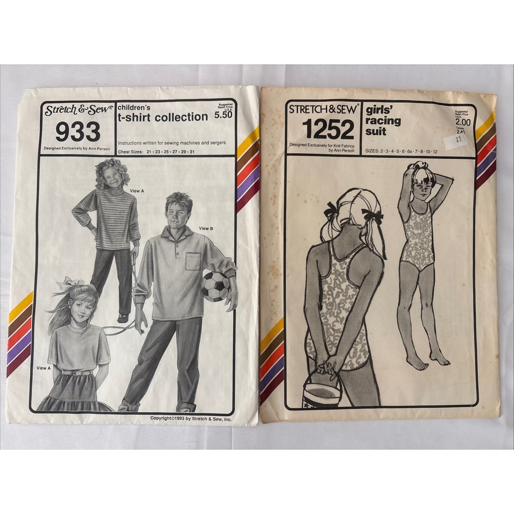 Stretch & Sew Lot 2 Sewing Patterns Kids T Shirt 933 Girls Racing Suit 1252 CUT